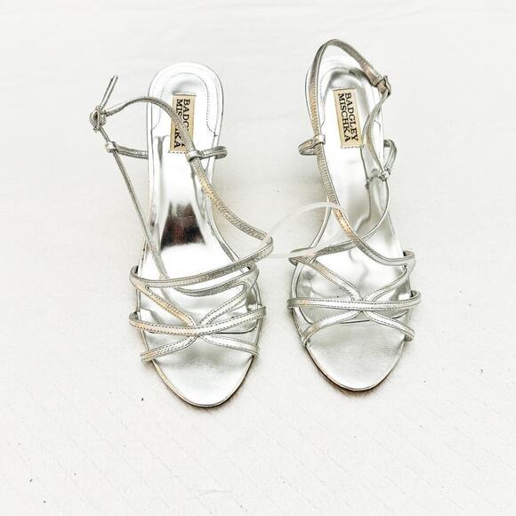 Badgley Mischka Silver Open Toe Strappy Sandal Leather Sole Size 10 - Picture 6 of 6